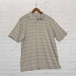 PGA Tour Mens Large Tan Striped Short Sleeve Golf‎ Polo Shirt Polyester Mesh L/G